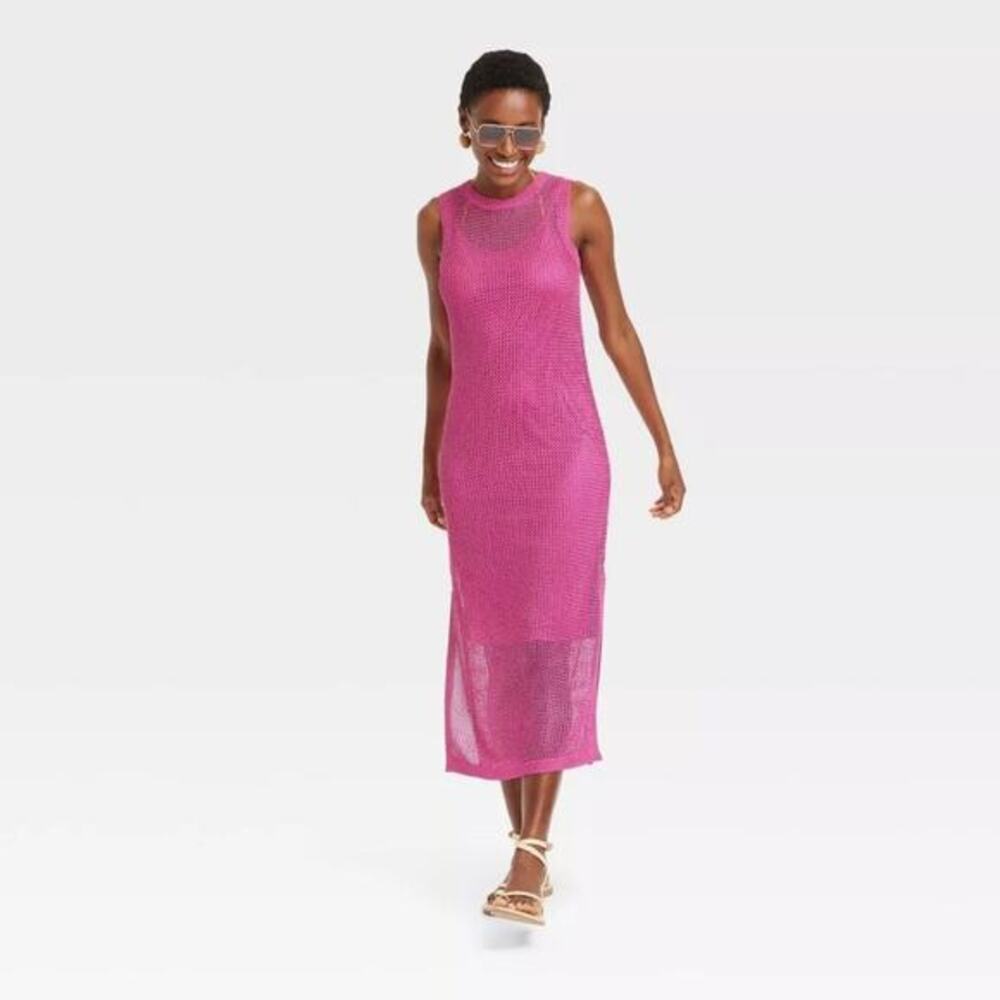 A New Day Women's Open Work Sweater Tank Sheer Knit‎ Midi Dress Pink Size M